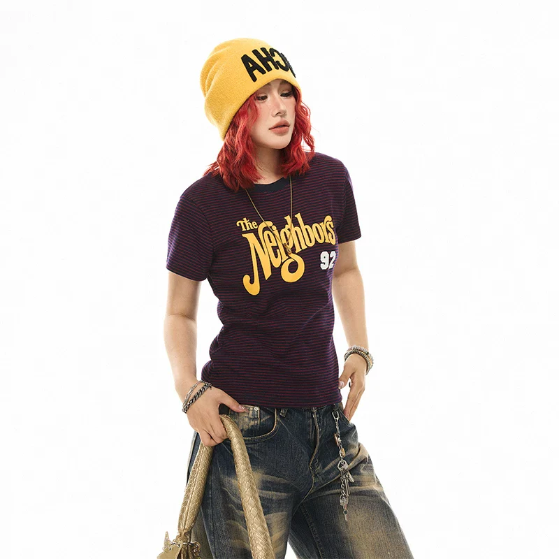 Striped Graphic Letter Print Slim Fit T-Shirt
