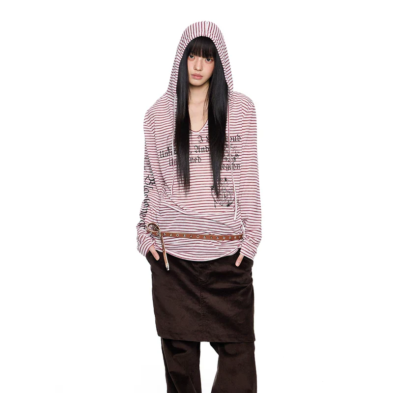 Striped Hooded Long Sleeve Letter Print Top