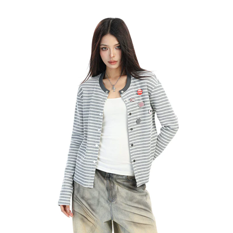 Badge Details Striped Knit Cardigan