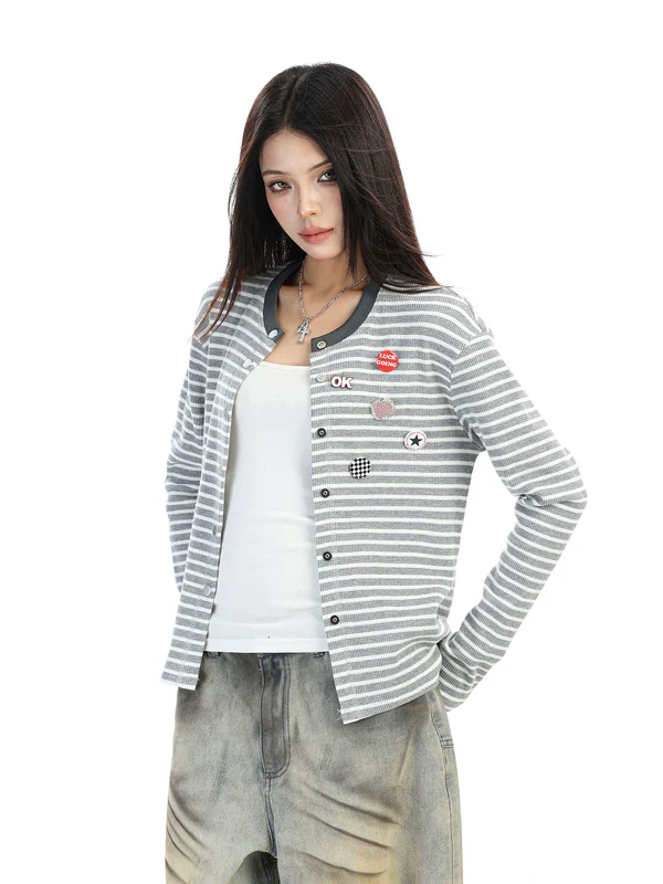 Badge Details Striped Knit Cardigan - Image 5
