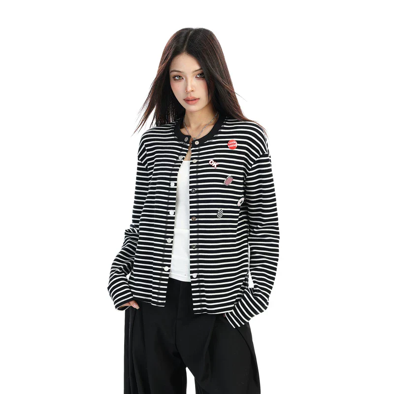 Badge Details Striped Knit Cardigan - Image 6