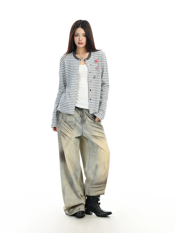 Badge Details Striped Knit Cardigan - Image 8