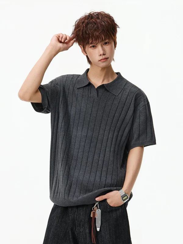Striped Knit Short-Sleeve Polo T-Shirt - Image 2