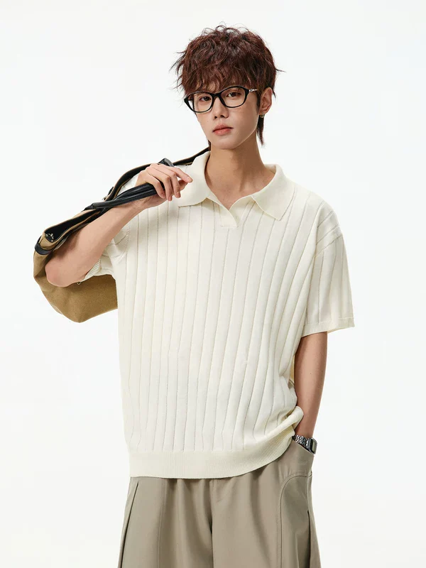 Striped Knit Short-Sleeve Polo T-Shirt - Image 4