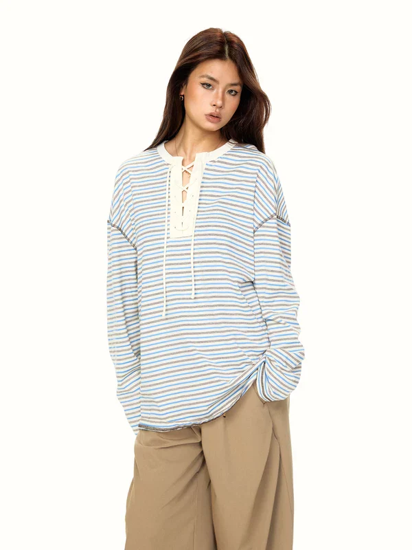 Striped Lace-Up Long Sleeve Pullover - Image 2