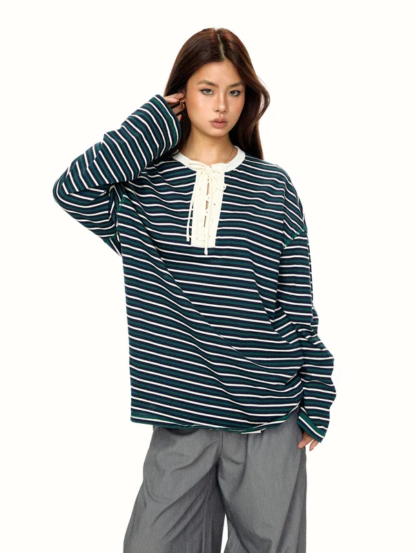 Striped Lace-Up Long Sleeve Pullover - Image 3