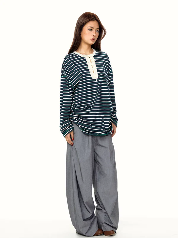 Striped Lace-Up Long Sleeve Pullover - Image 7