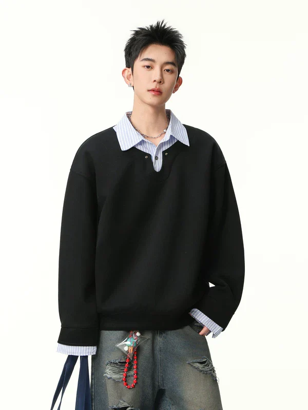 Striped Layered Collar Pullover Sweatshirt