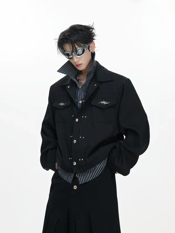 Metal Buttons Striped Layered Shirt Jacket