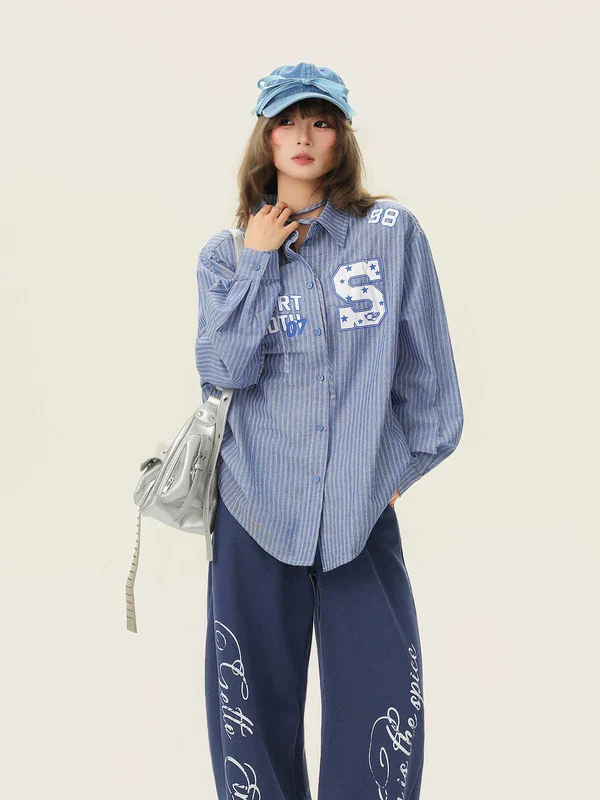 Striped Letter Print Button-Up Shirt - Image 2