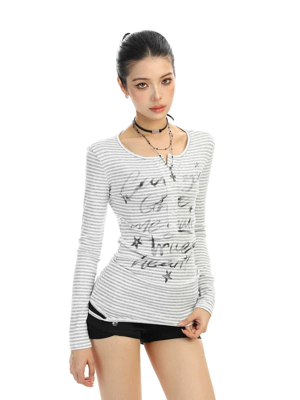 Striped Letter Print Long Sleeve Top - Image 3