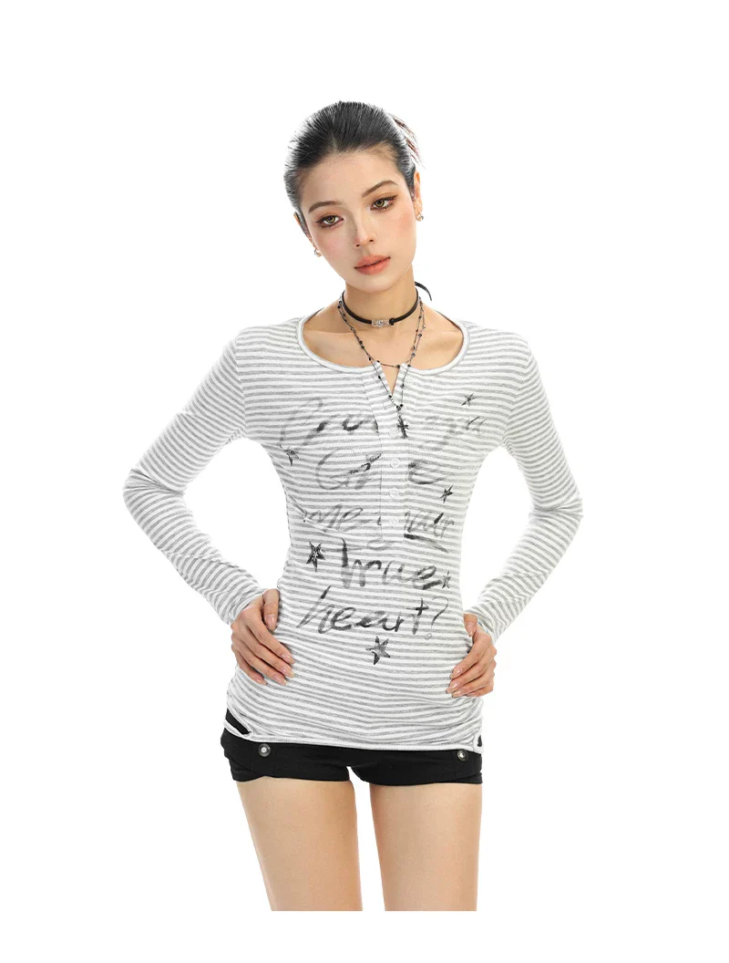 Striped Letter Print Long Sleeve Top - Image 5