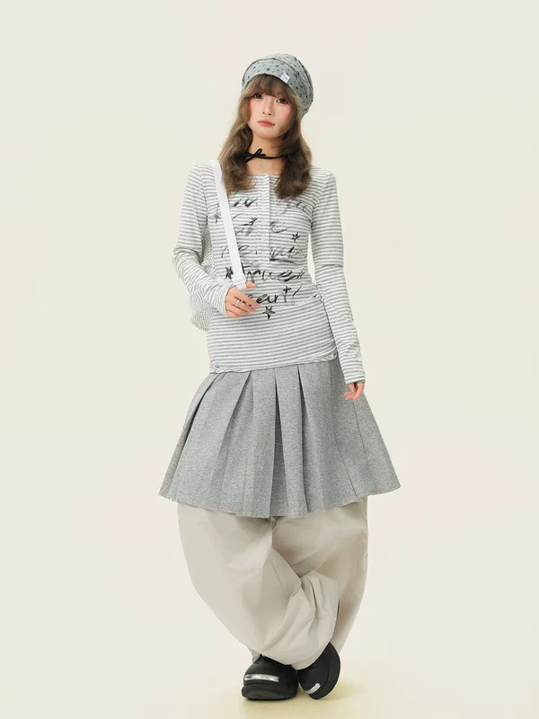 Striped Letter Print Slim Long-Sleeve Top - Image 5