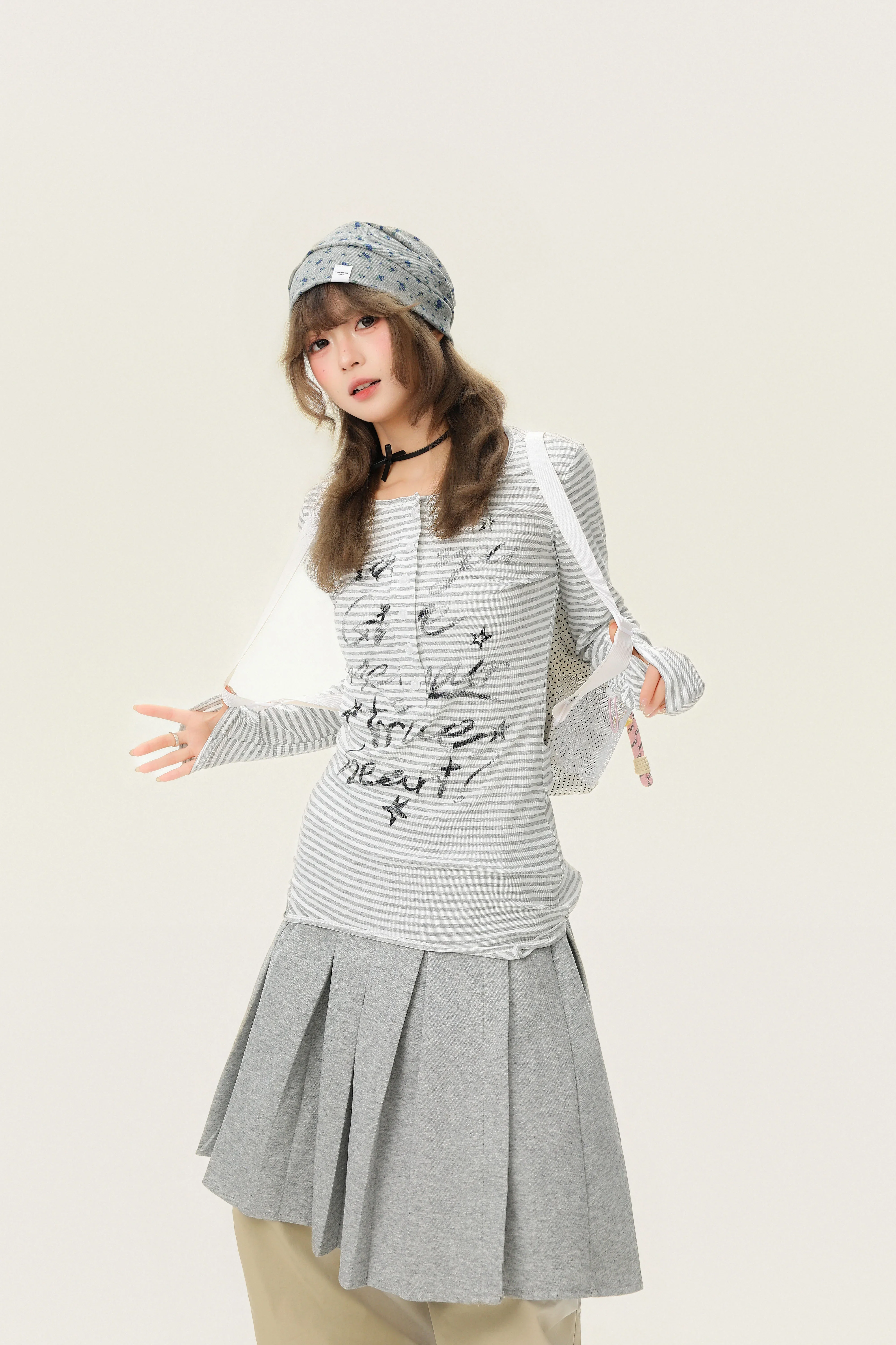 Striped Letter Print Slim Long-Sleeve Top - Image 7