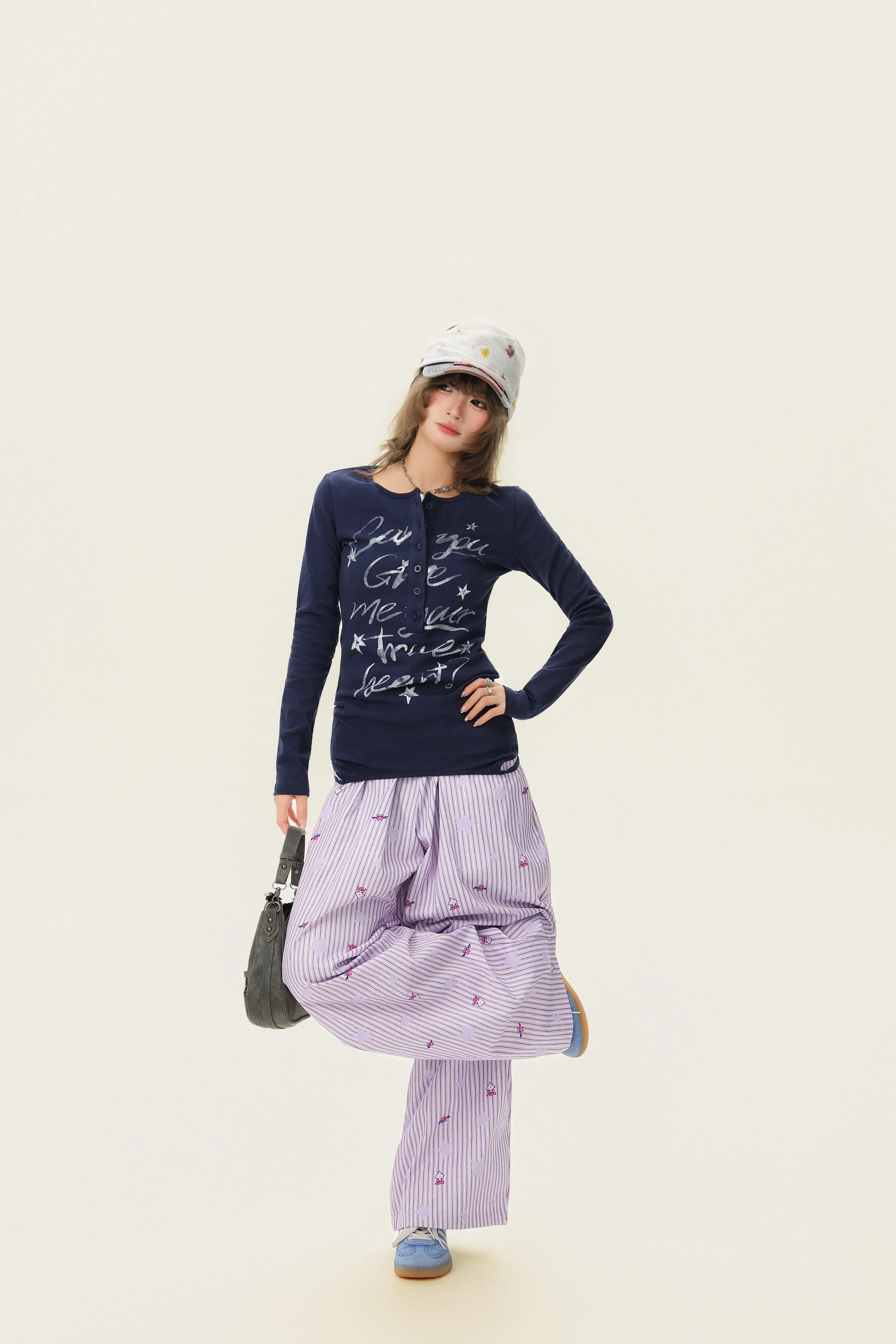 Striped Letter Print Slim Long-Sleeve Top - Image 8