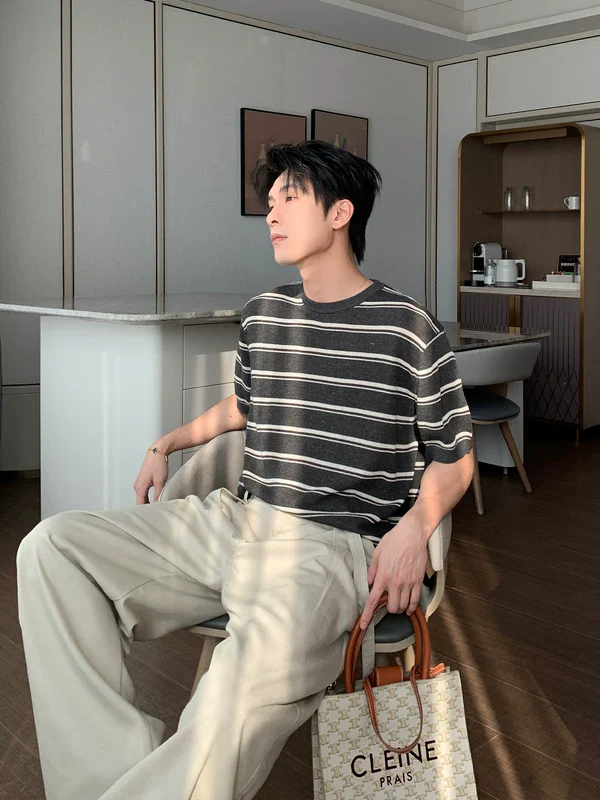 Striped Linen Knit Short-Sleeve T-Shirt - Image 2