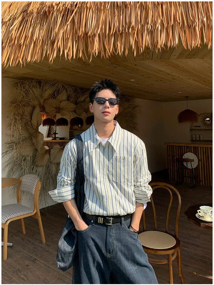 Striped Long Sleeve Casual Zip Shirt - Image 4