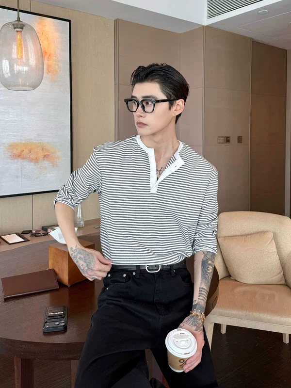 Striped Long Sleeve Henley Pullover - Image 2