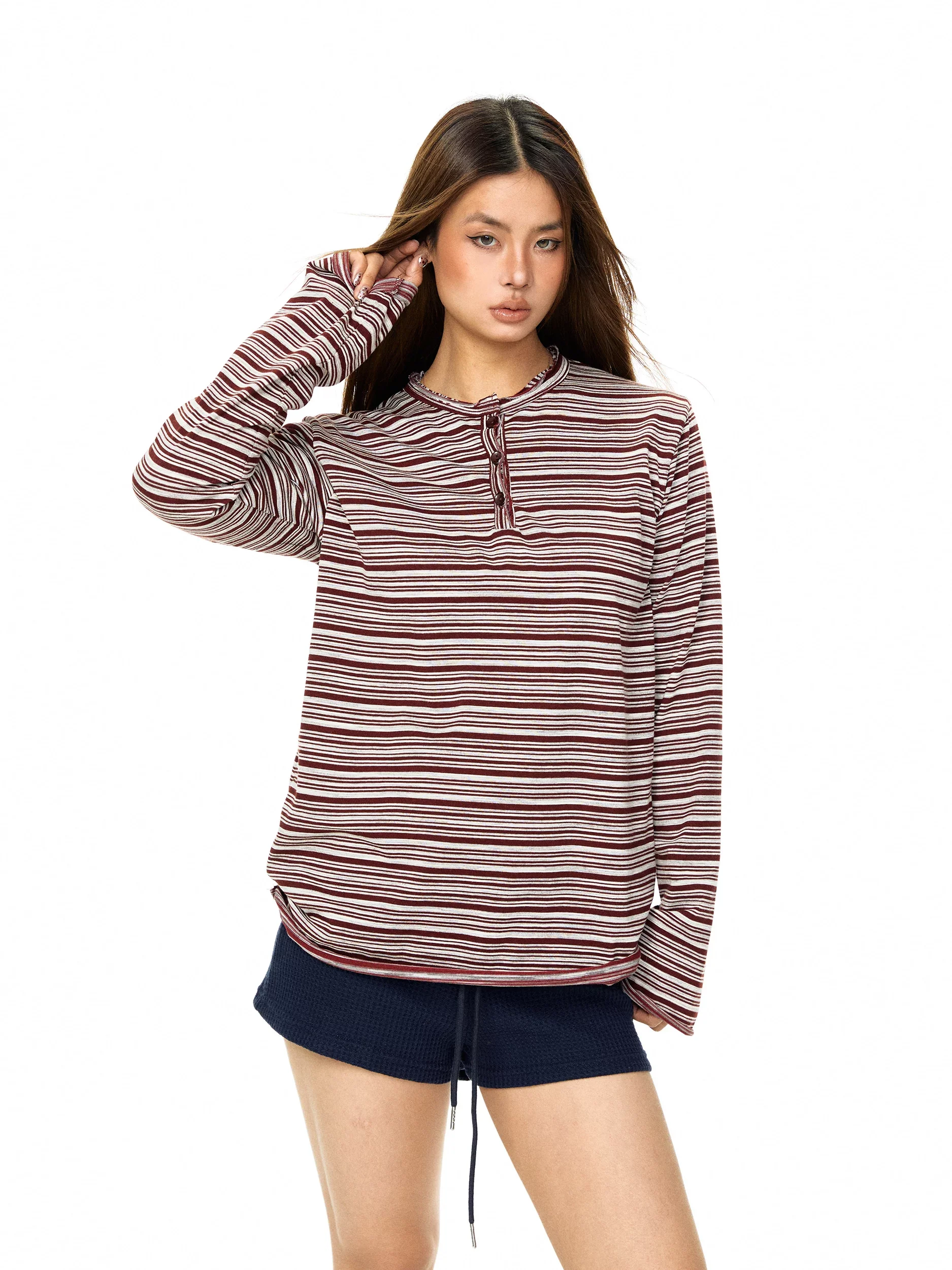 Striped Long Sleeve Henley Pullover - Image 3