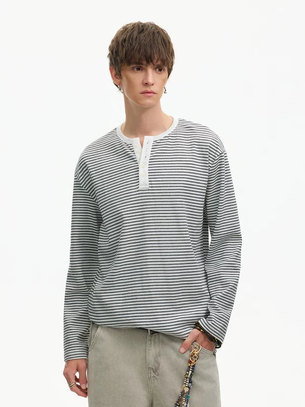 Striped Long-Sleeve Henley T-Shirt - Image 3