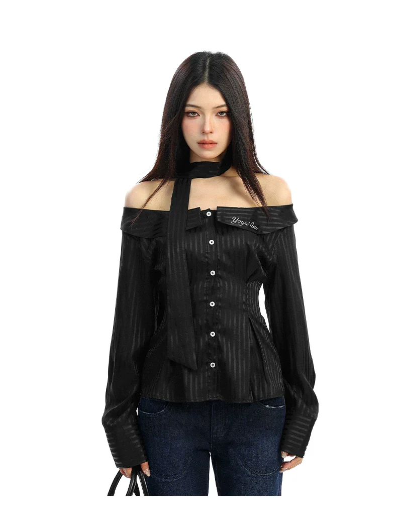 Striped Off-Shoulder Long Sleeve Shirt