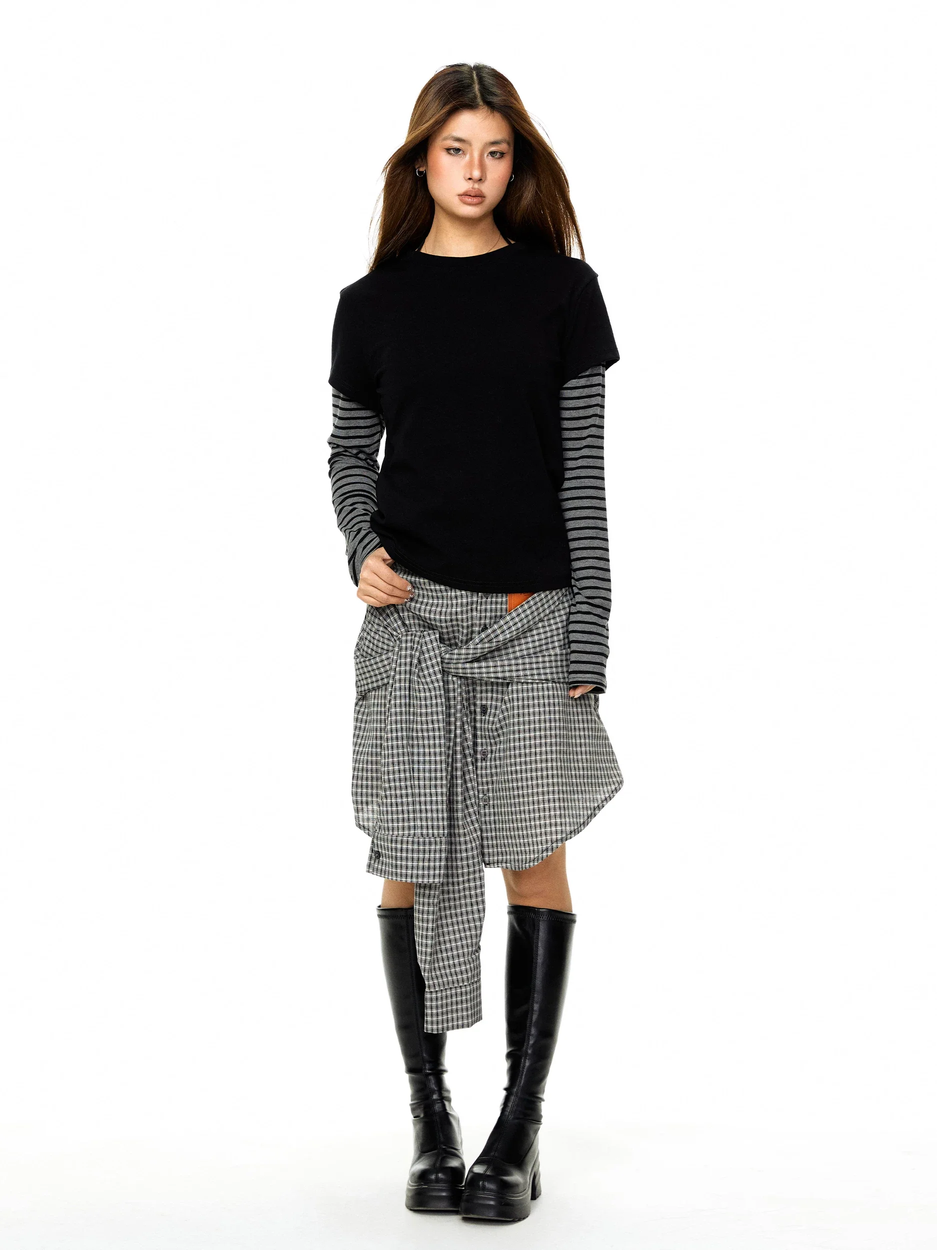 Striped Patchwork Faux Two-Piece T-Shirt - Image 5