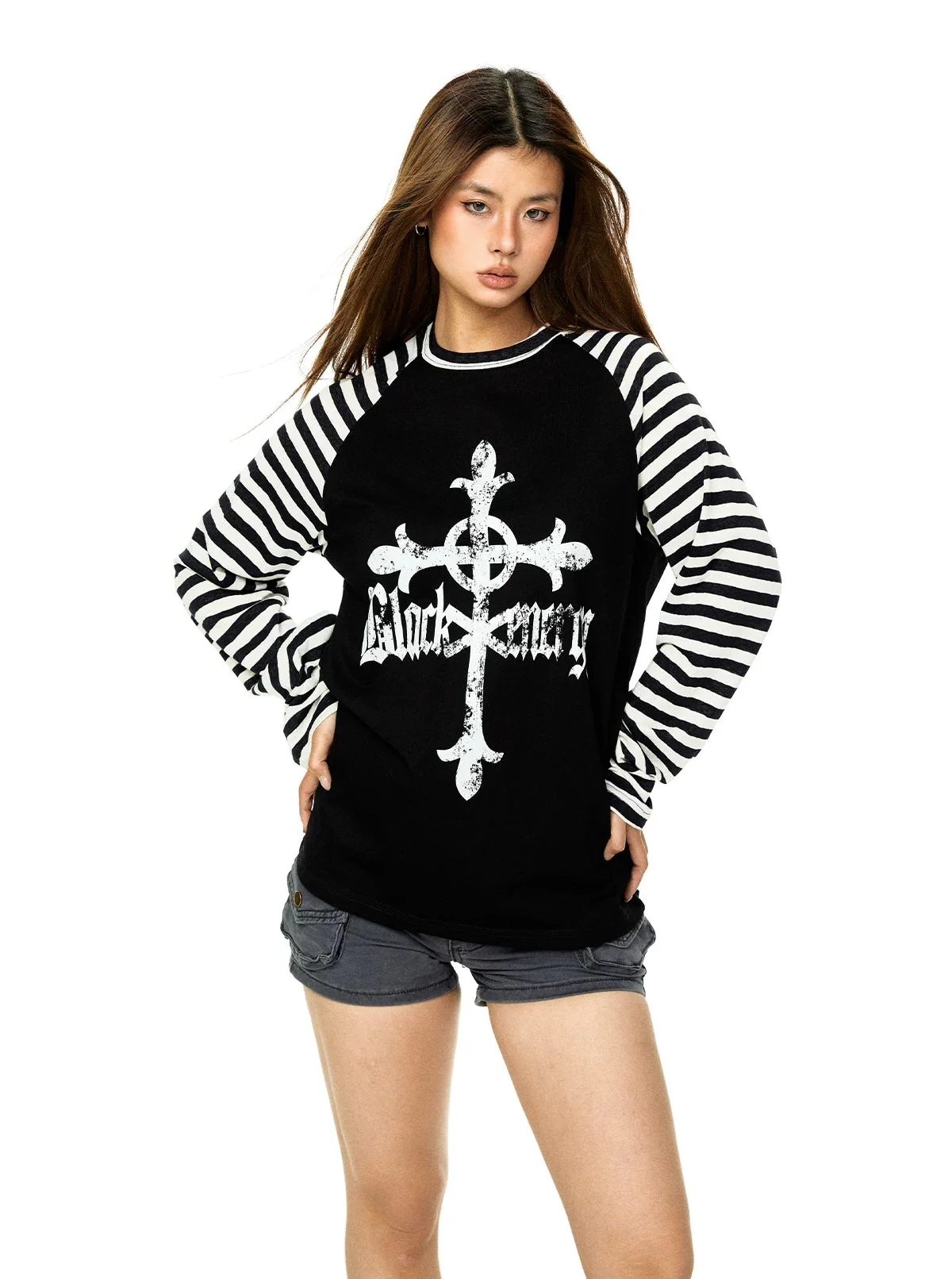 Striped Raglan Cross Print Long-Sleeve Shirt - Image 6