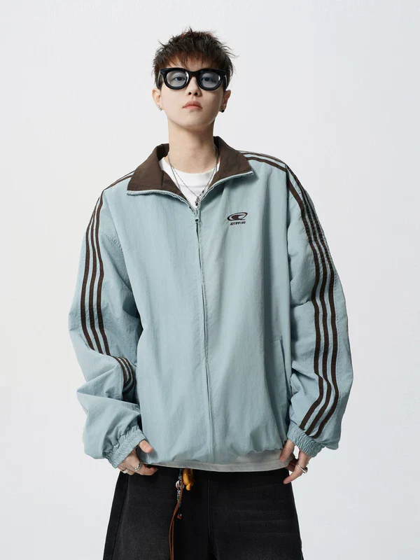 Striped Reversible Stand Collar Zip Jacket - Image 3
