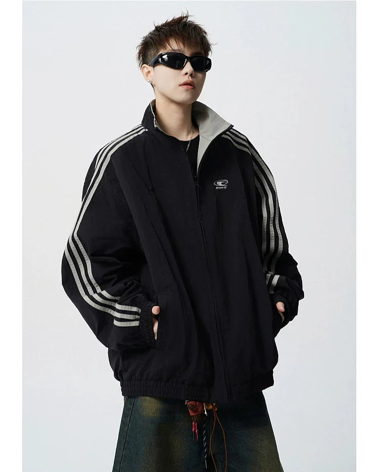 Striped Reversible Stand Collar Zip Jacket - Image 4