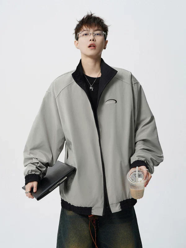 Striped Reversible Stand Collar Zip Jacket - Image 6