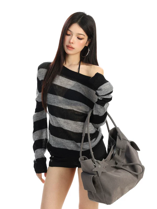 Striped Sheer Off-Shoulder Knit Sweater - Image 3