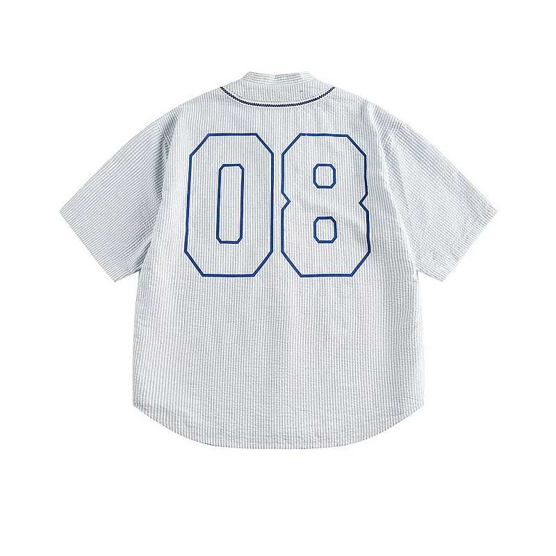 Striped Sheer Short-Sleeve Number Print Shirt