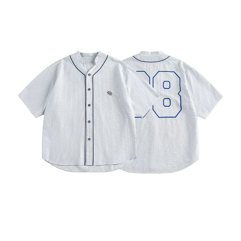 Striped Sheer Short-Sleeve Number Print Shirt - Image 3