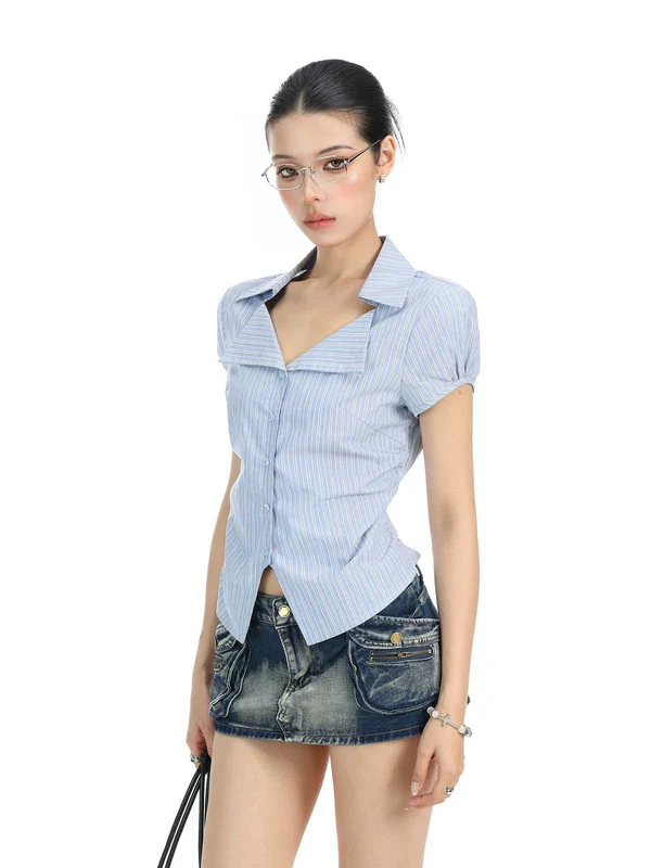 Striped Short Sleeve V-Neck Shirt - Image 2