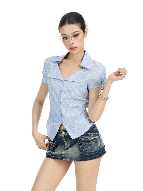 Striped Short Sleeve V-Neck Shirt - Image 4