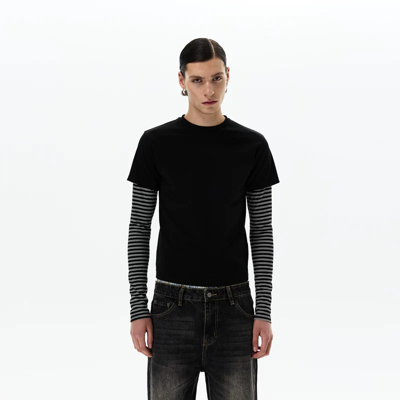 Striped Sleeve Faux Two-Piece Pullover - Image 3