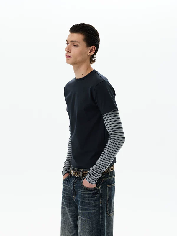 Striped Sleeve Faux Two-Piece Pullover - Image 5