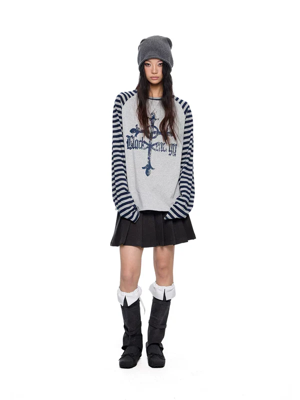 Striped Sleeve Graphic Print Long Top - Image 5