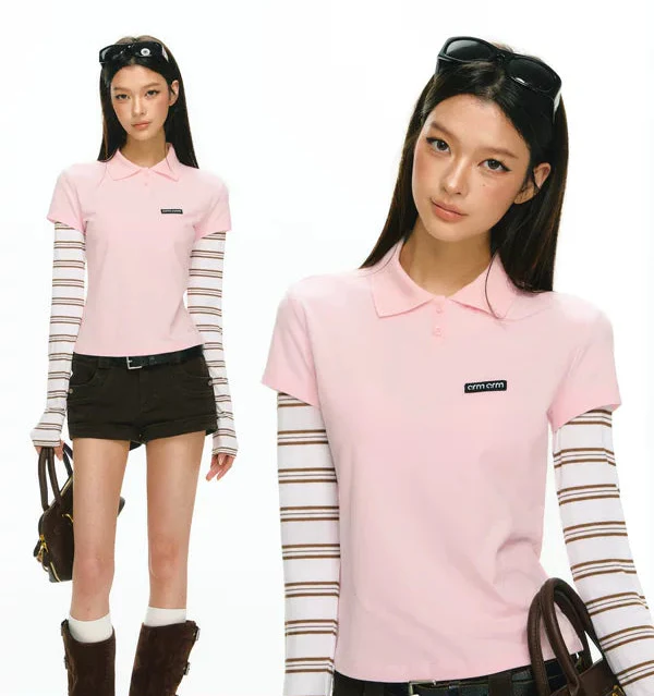 Striped Sleeve Layered Polo Long-Sleeve Top - Image 5