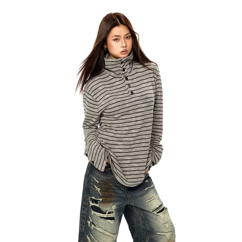 Striped Stand Collar Button Long Sleeve Top