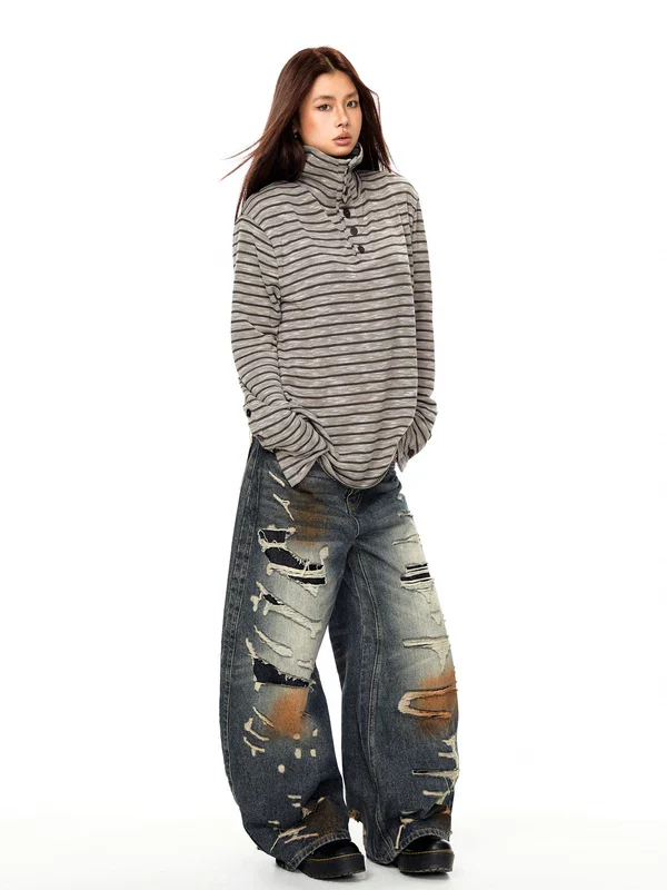 Striped Stand Collar Button Long Sleeve Top - Image 8