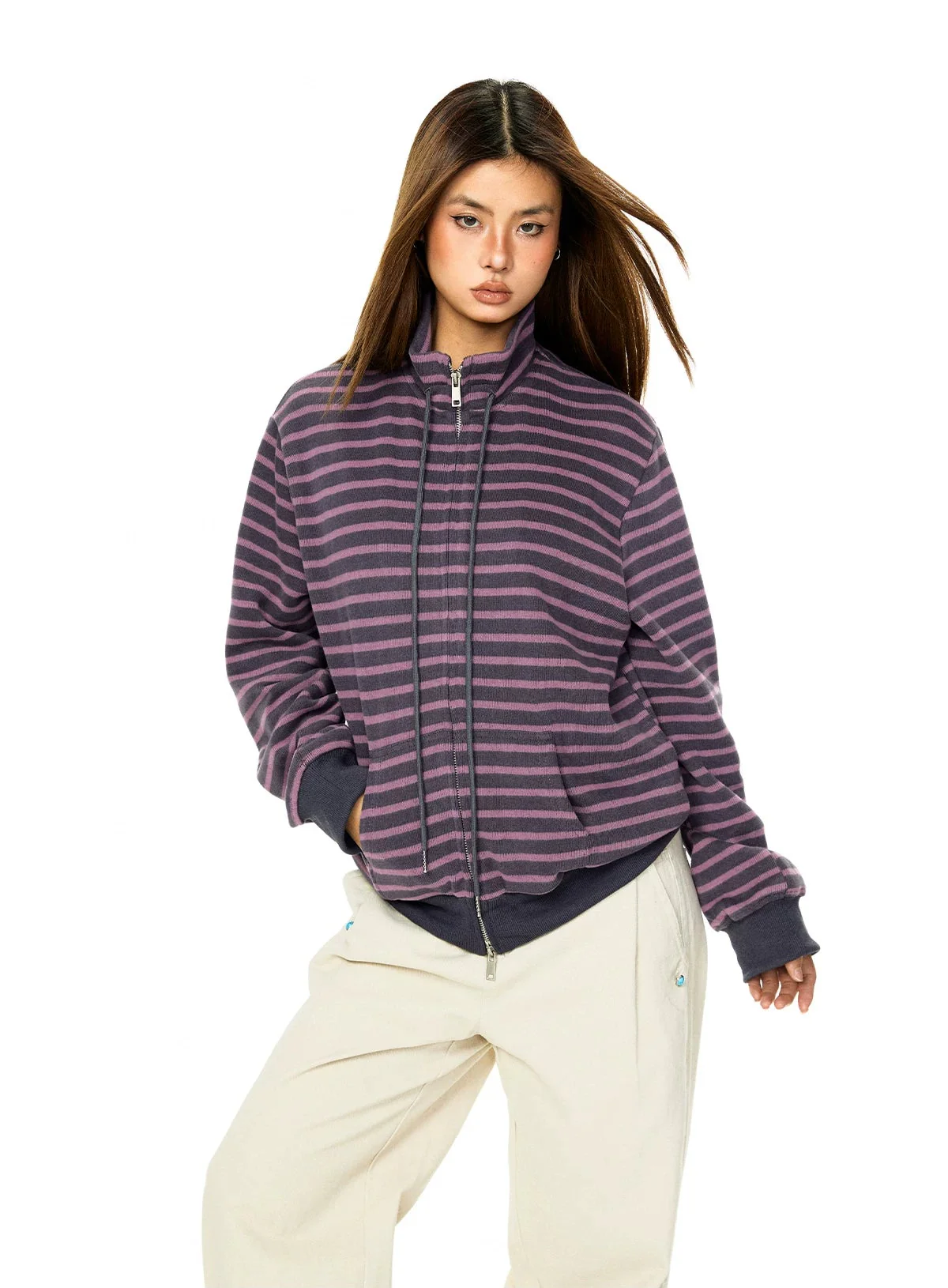 Striped Stand Collar Zip Knit Cardigan - Image 4
