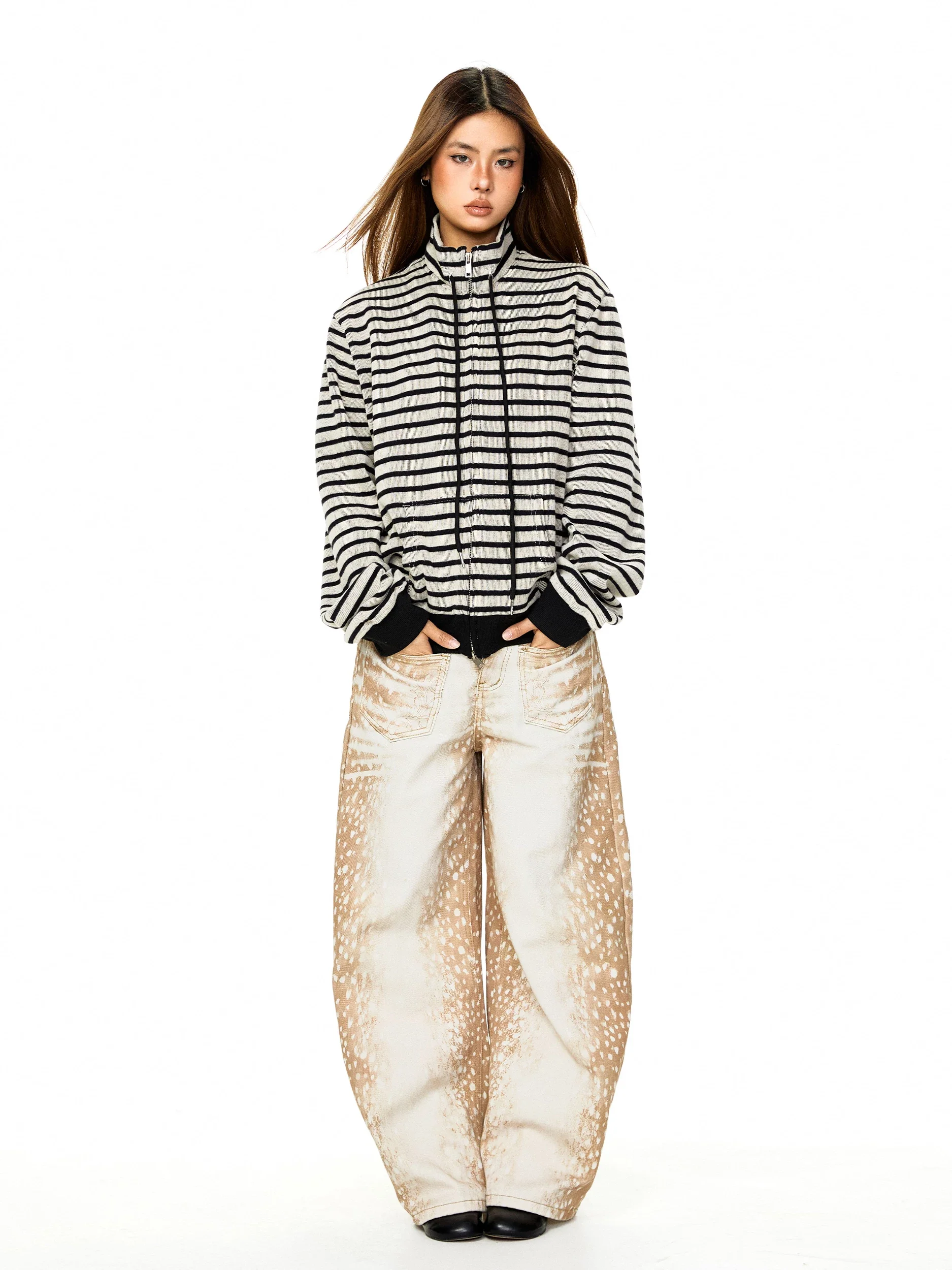 Striped Stand Collar Zip Knit Cardigan - Image 7
