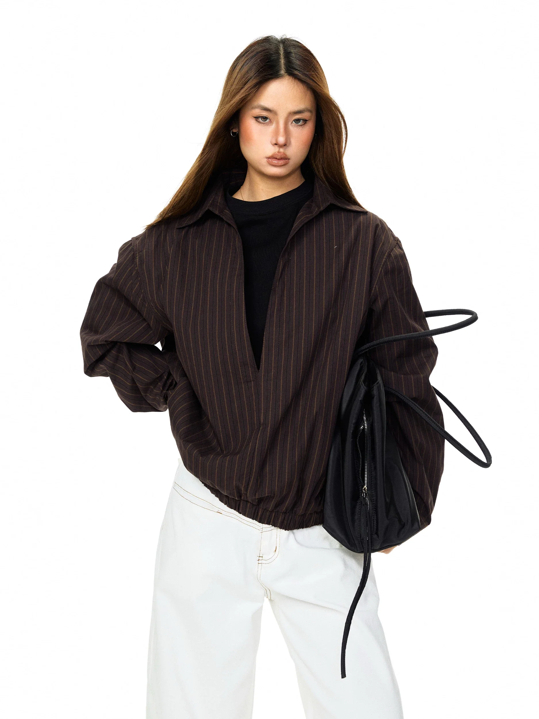 Striped V-Neck Faux Two-Piece Pullover - Image 3