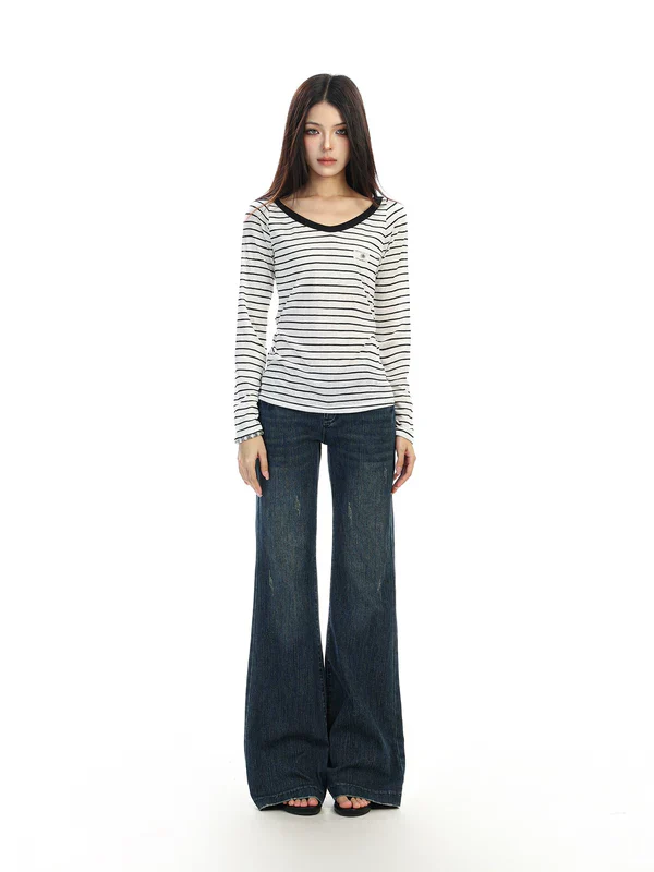 Striped V-Neck Long-Sleeve T-Shirt - Image 6