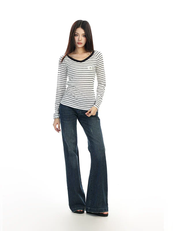 Striped V-Neck Long-Sleeve T-Shirt - Image 7