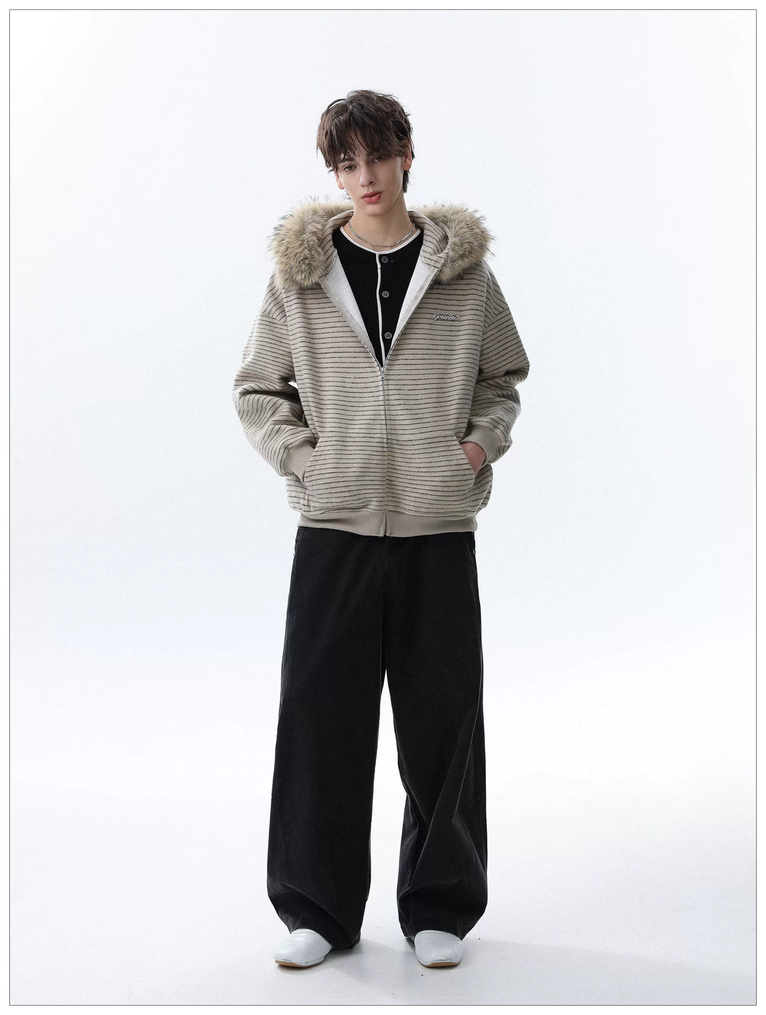 Detachable Fur Hood Striped Zip Hoodie - Image 10