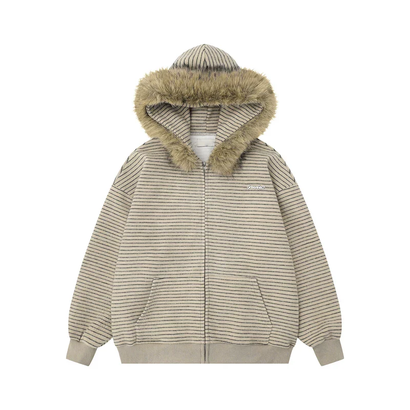 Detachable Fur Hood Striped Zip Hoodie - Image 11