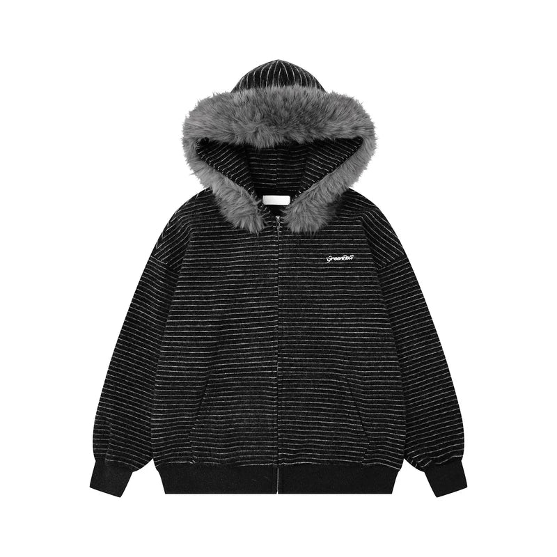 Detachable Fur Hood Striped Zip Hoodie - Image 12