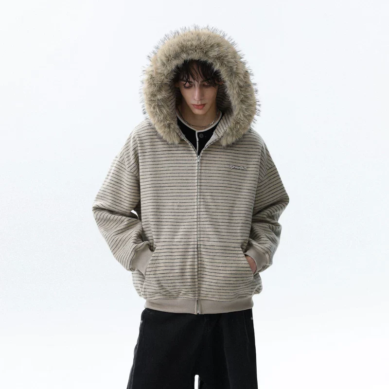 Detachable Fur Hood Striped Zip Hoodie - Image 3